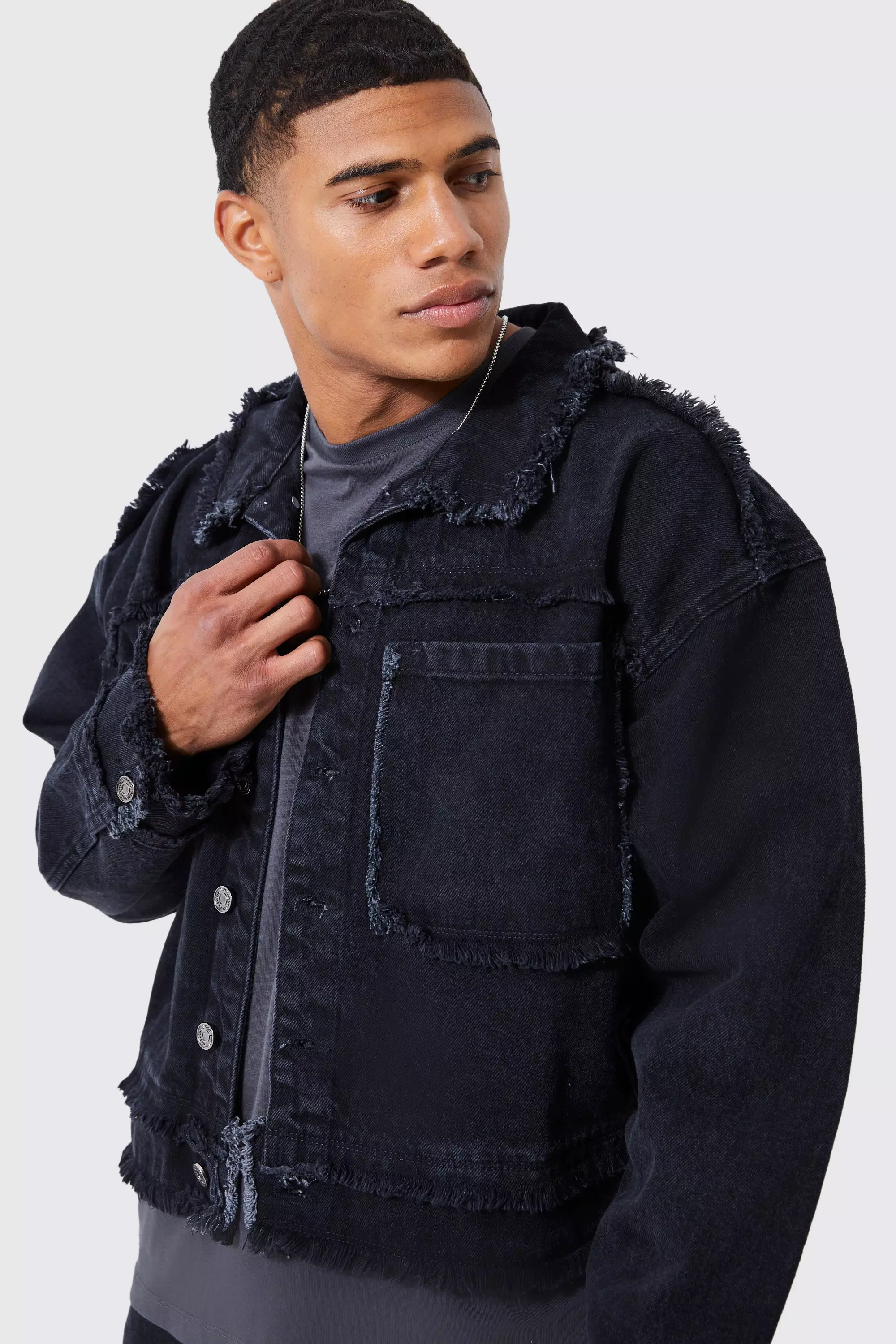 Boxy Fit Frayed Seam Jean Jacket | boohooMAN USA